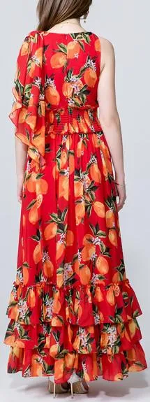 Orange Print Tiered Chiffon Dress
